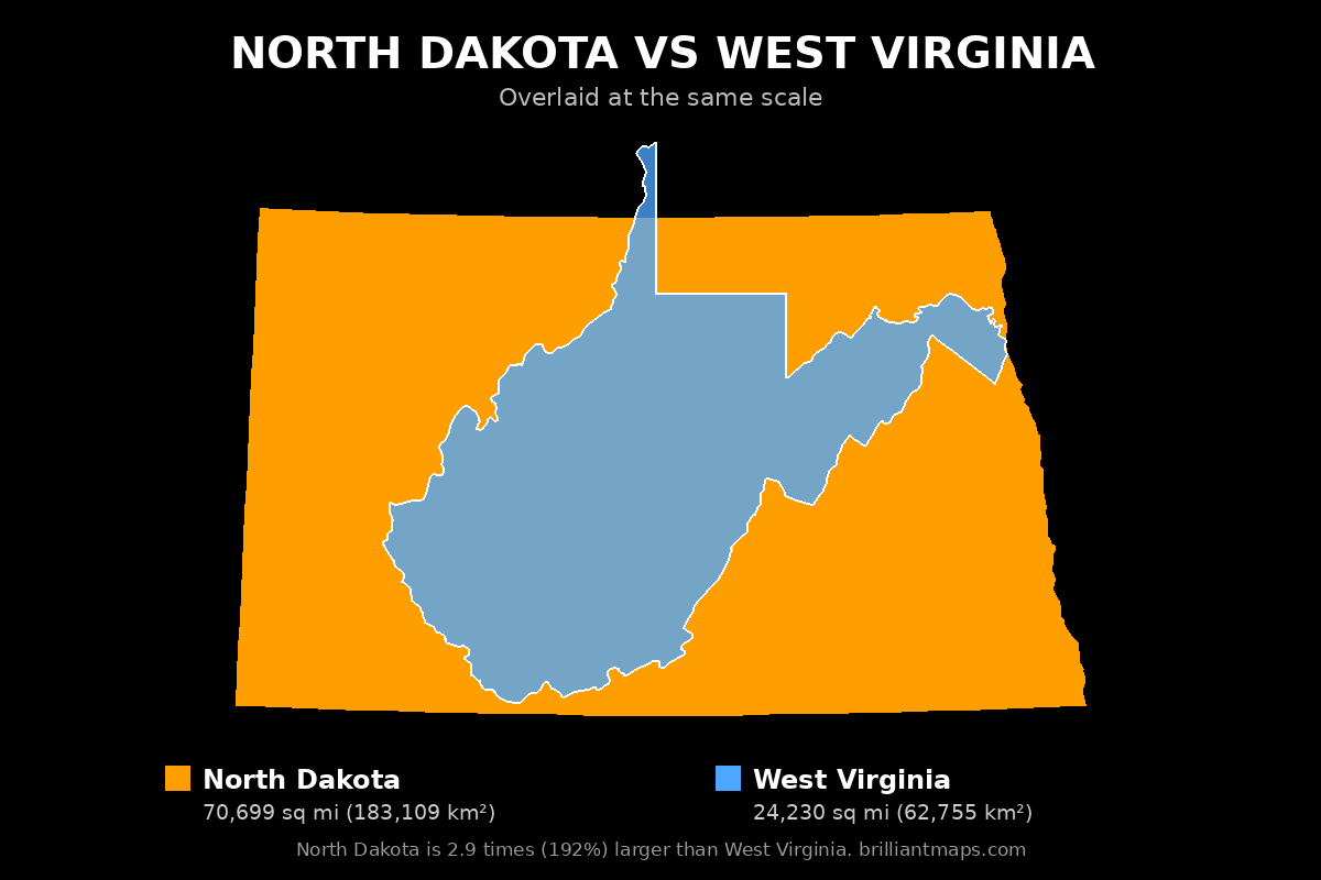 North Dakota vs West Virginia Size Comparison Map
