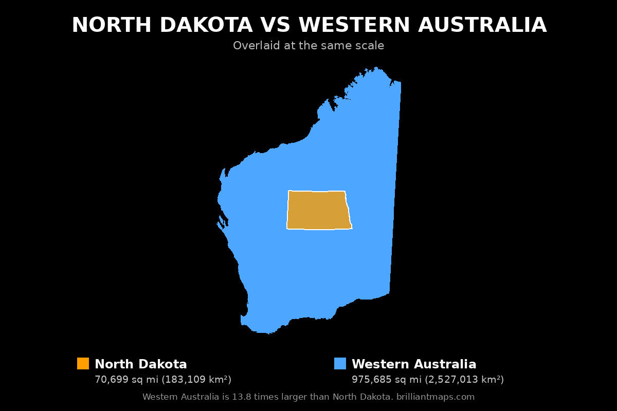 North Dakota vs Western Australia Size Comparison Map