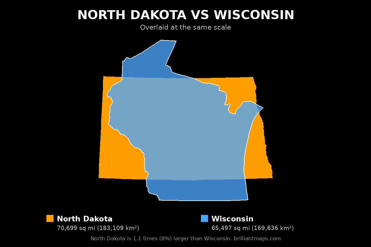 North Dakota vs Wisconsin Size Comparison Map
