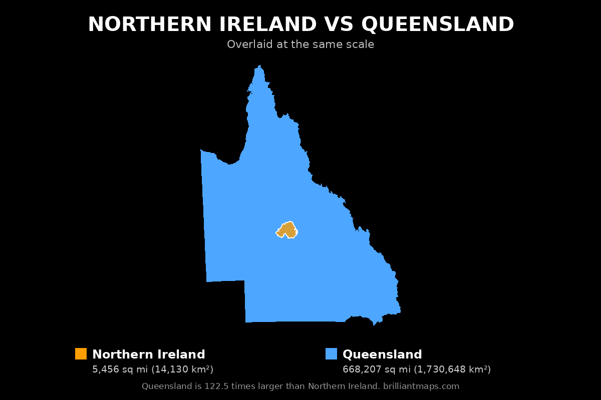 Northern Ireland vs Queensland Size Comparison Map