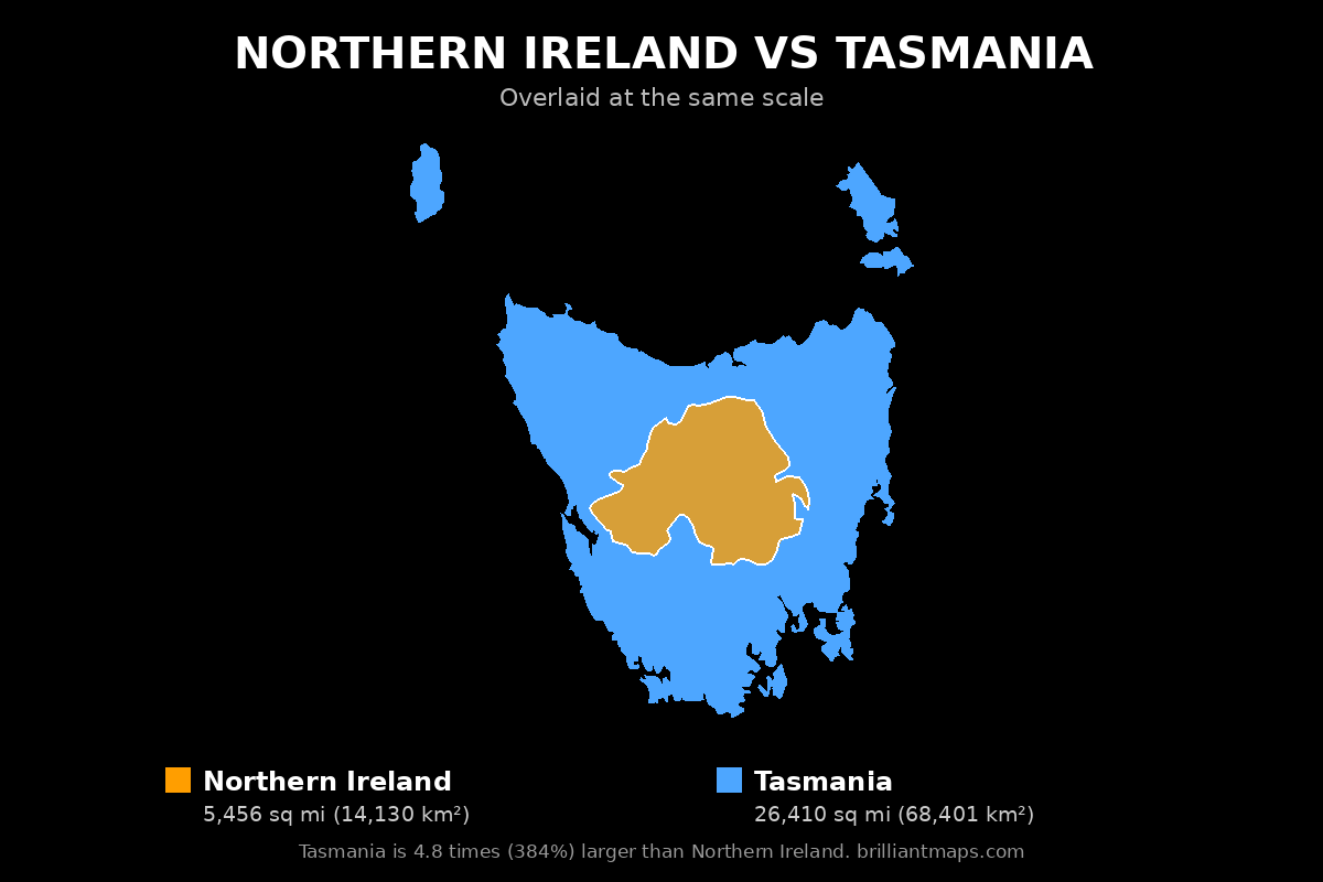 Northern Ireland vs Tasmania Size Comparison Map