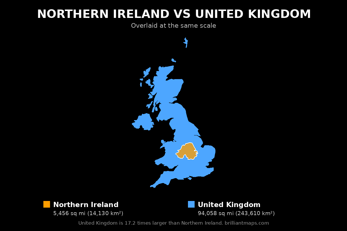 Northern Ireland vs United Kingdom Size Comparison Map