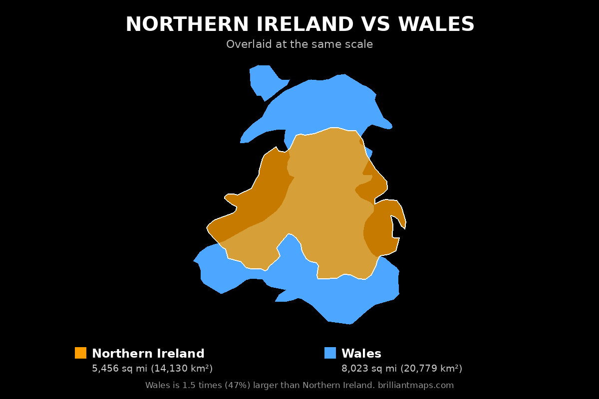 Northern Ireland vs Wales Size Comparison Map