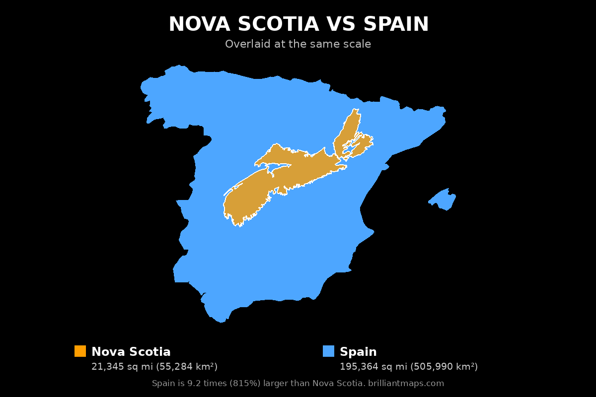 Nova Scotia vs Spain Size Comparison Map