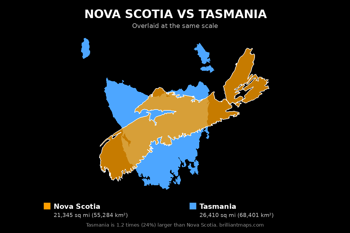 Nova Scotia vs Tasmania Size Comparison Map