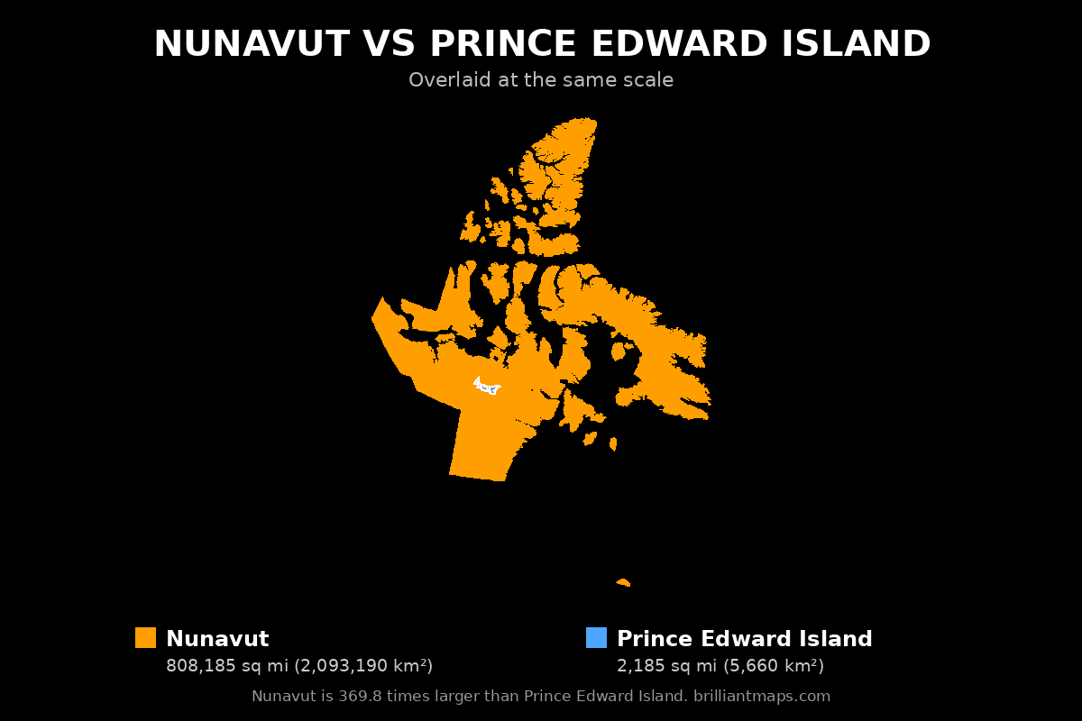 Nunavut vs Prince Edward Island Size Comparison Map