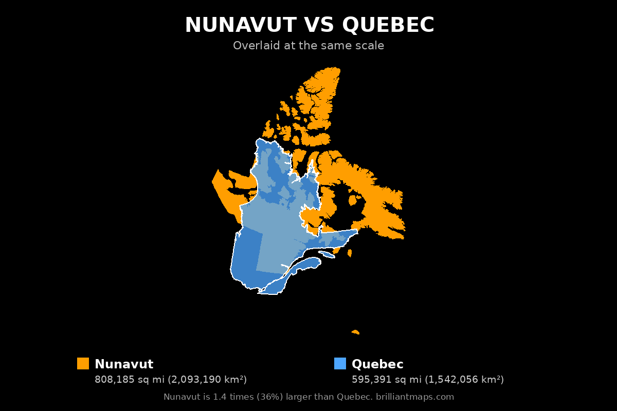 Nunavut vs Quebec Size Comparison Map