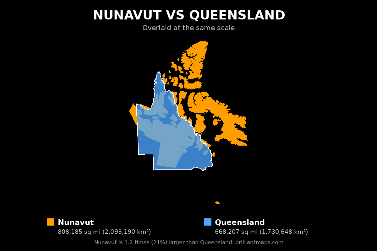 Nunavut vs Queensland Size Comparison Map