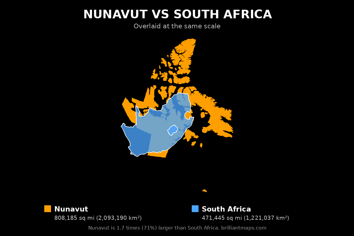 Nunavut vs South Africa Size Comparison Map