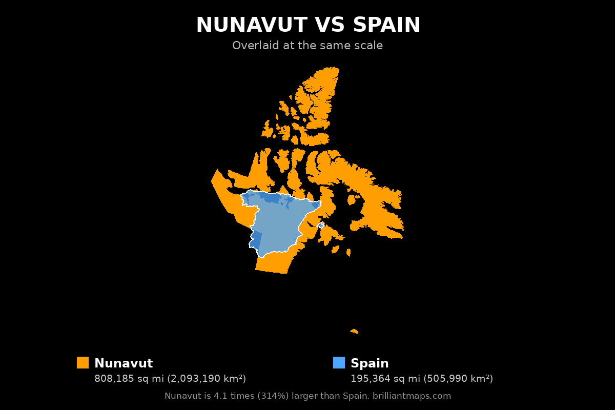 Nunavut vs Spain Size Comparison Map