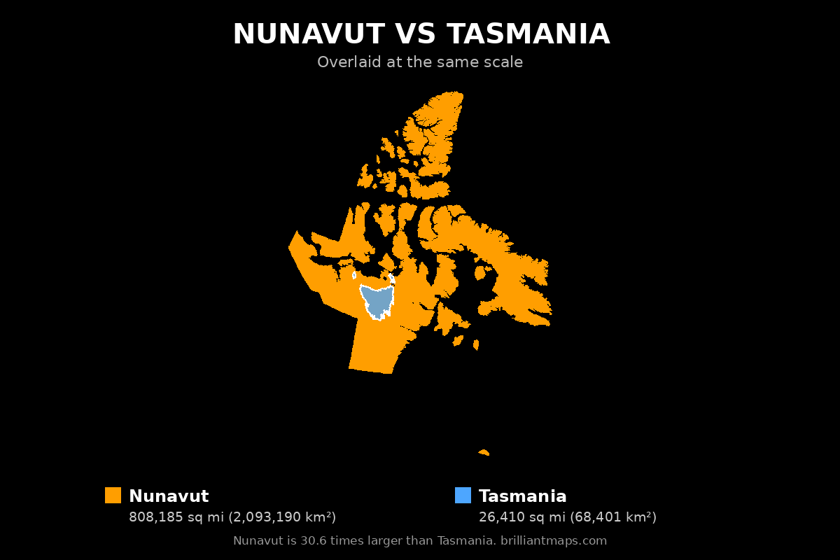 Nunavut vs Tasmania Size Comparison Map