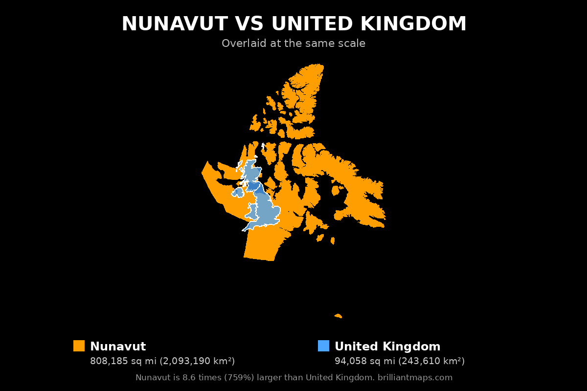 Nunavut vs United Kingdom Size Comparison Map