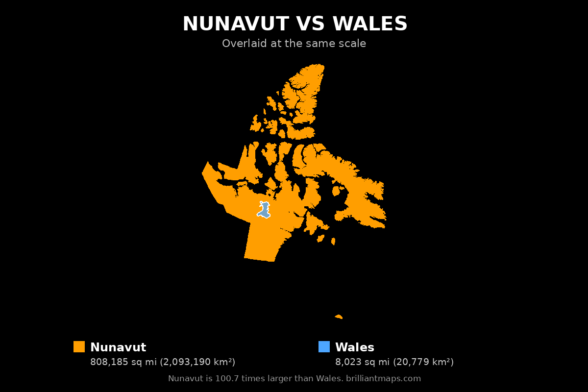 Nunavut vs Wales Size Comparison Map