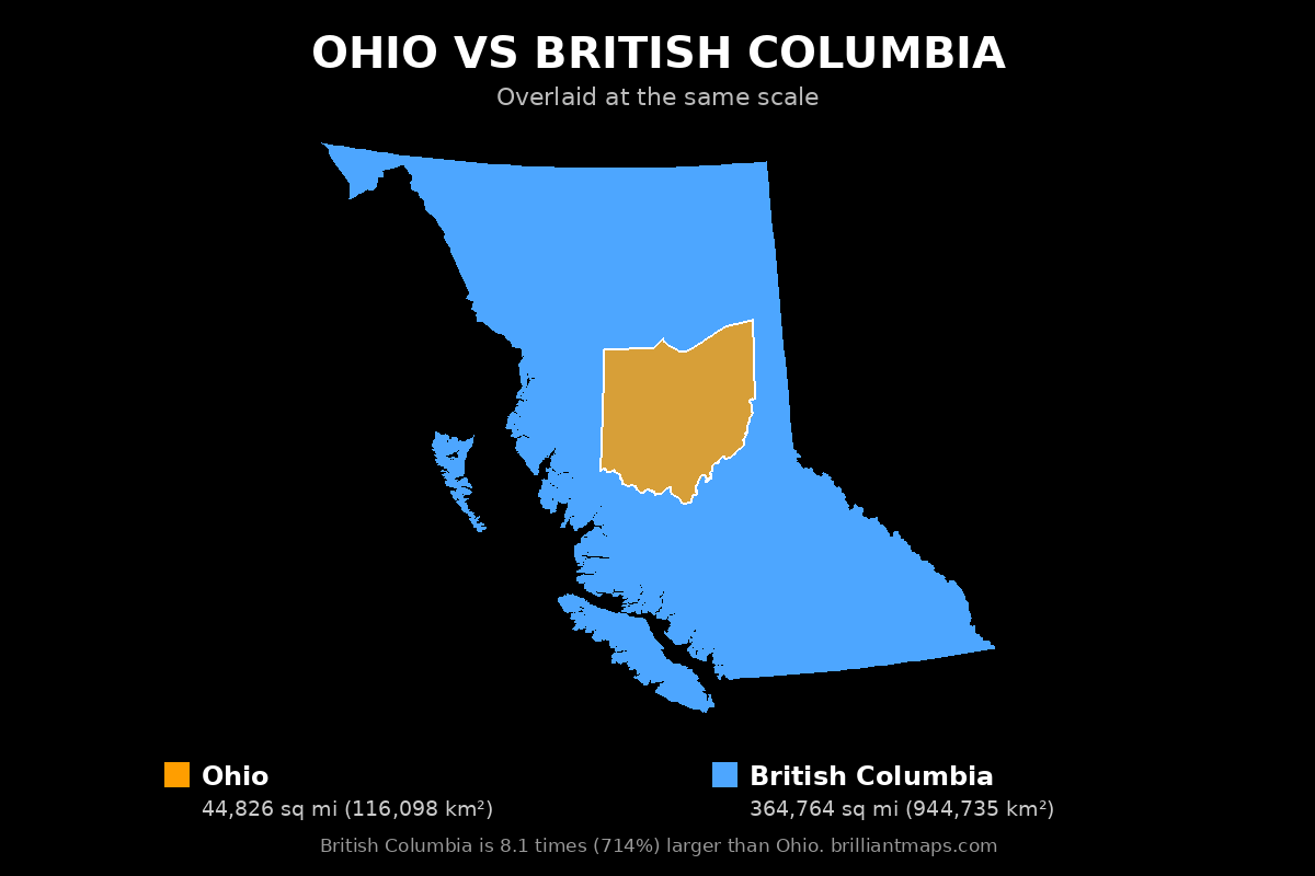 Ohio vs British Columbia Size Comparison Map