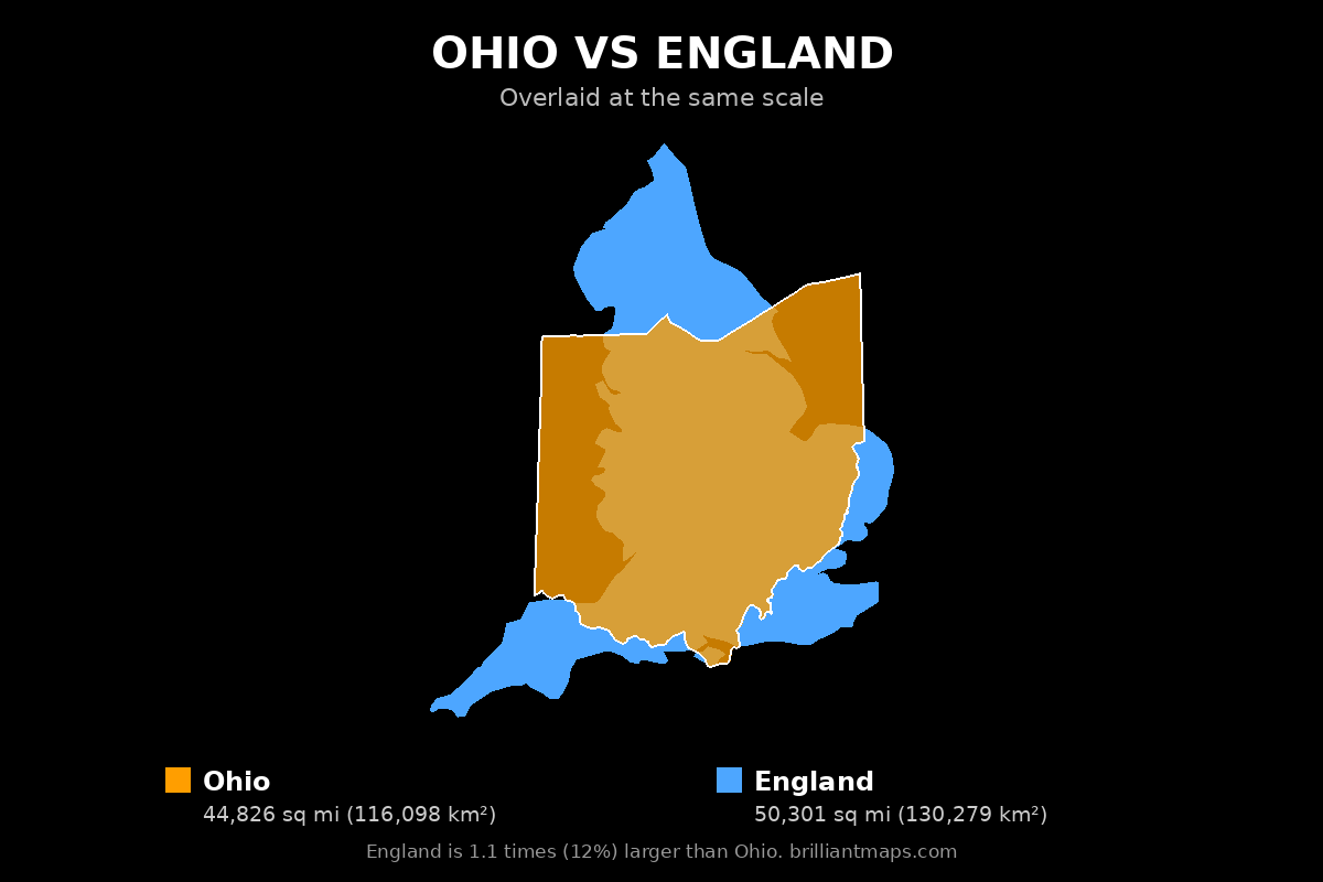 Ohio vs England Size Comparison Map