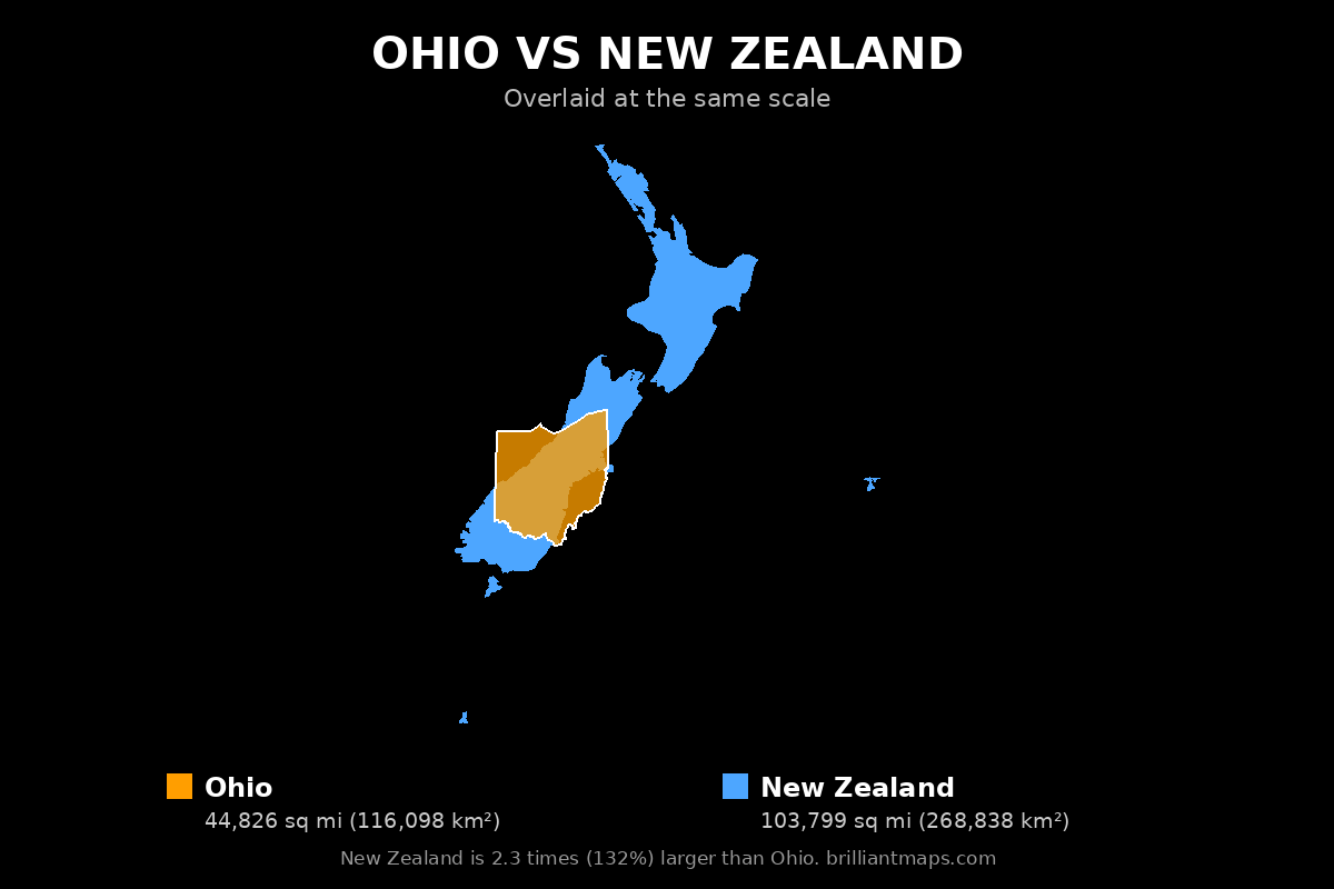 Ohio vs New Zealand Size Comparison Map