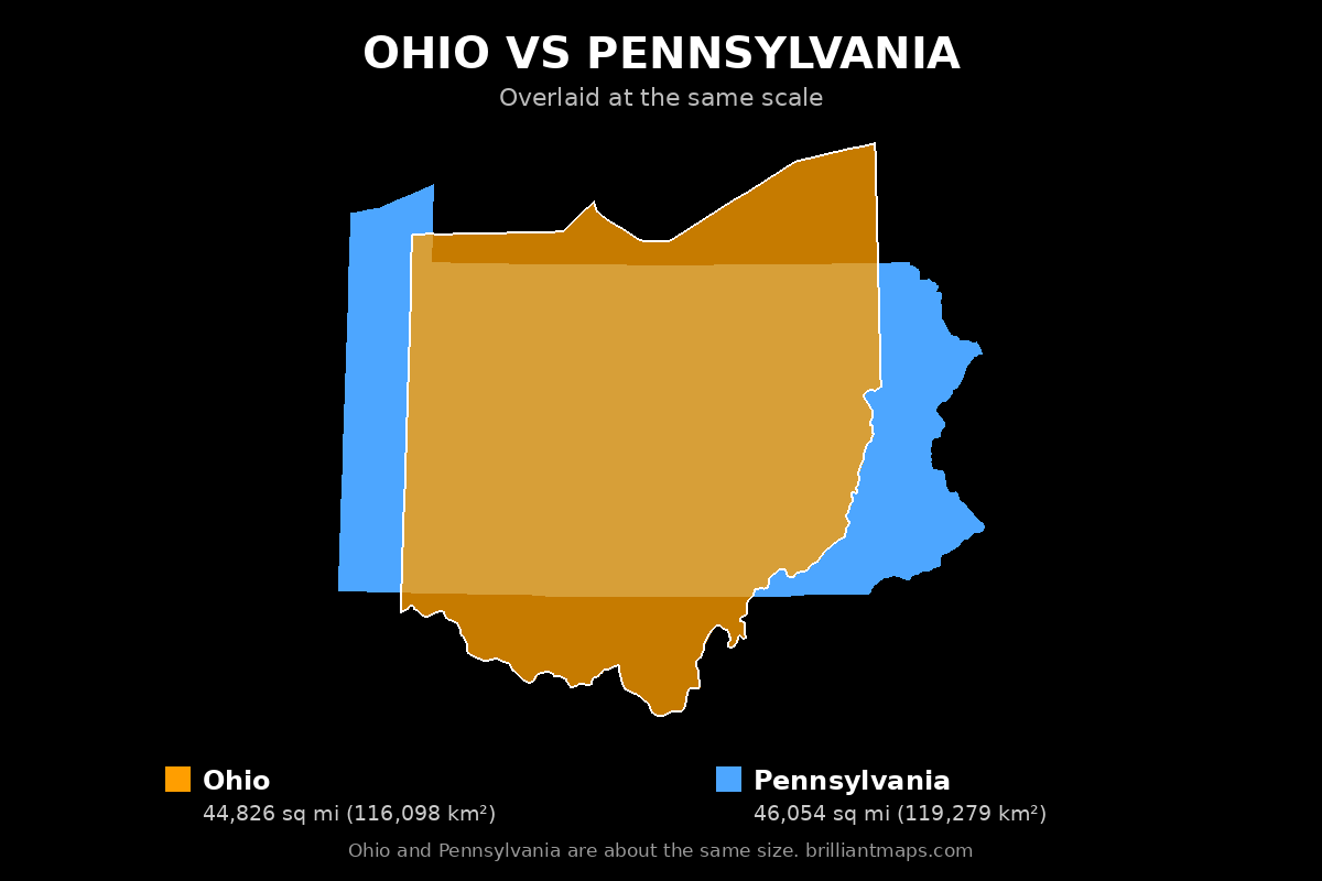 Ohio vs Pennsylvania Size Comparison Map