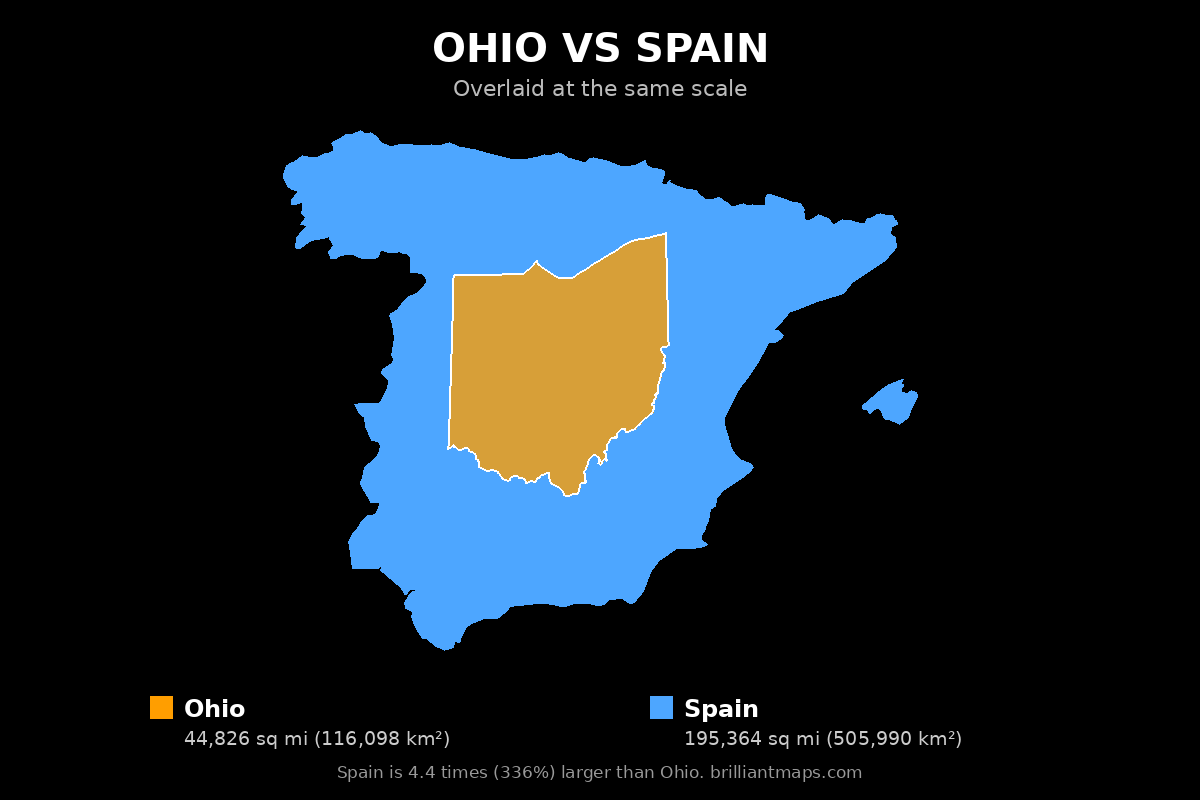 Ohio vs Spain Size Comparison Map