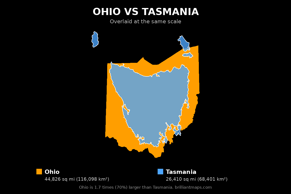 Ohio vs Tasmania Size Comparison Map