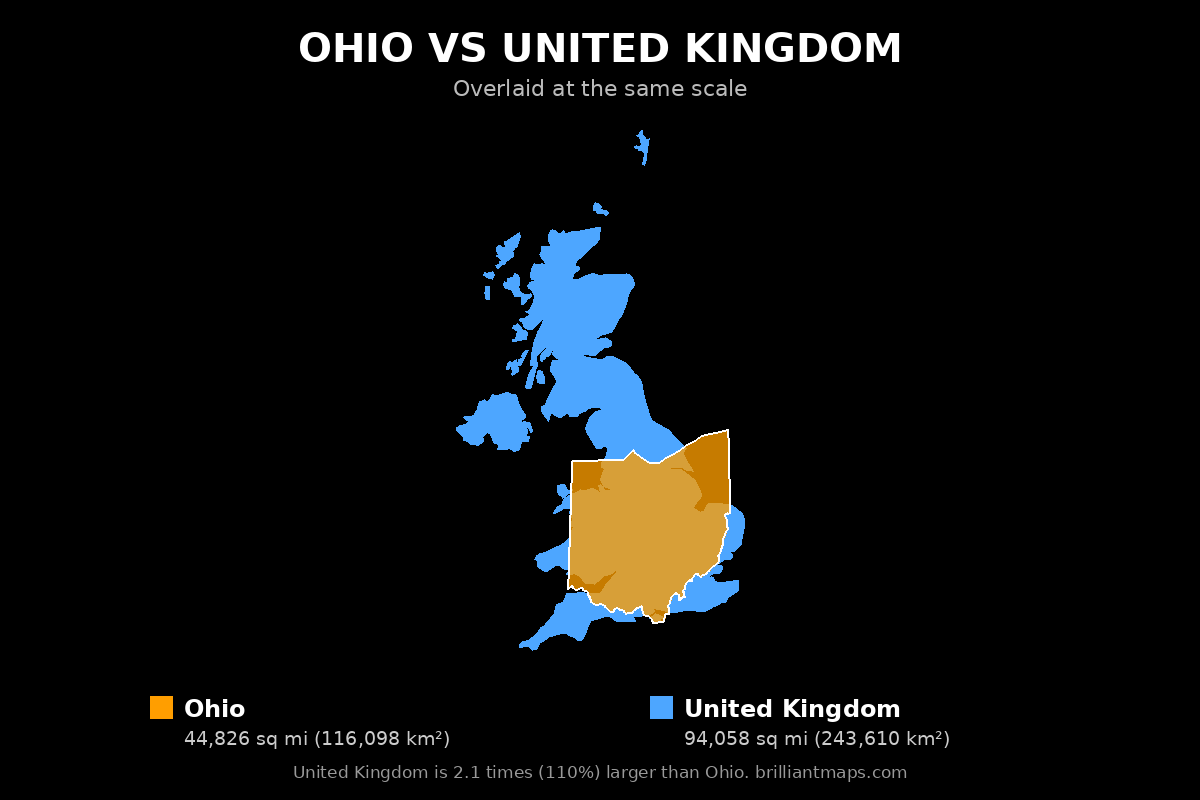 Ohio vs United Kingdom Size Comparison Map