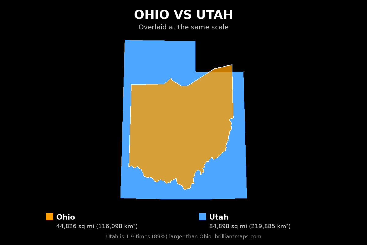 Ohio vs Utah Size Comparison Map