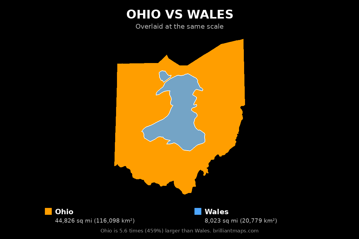 Ohio vs Wales Size Comparison Map