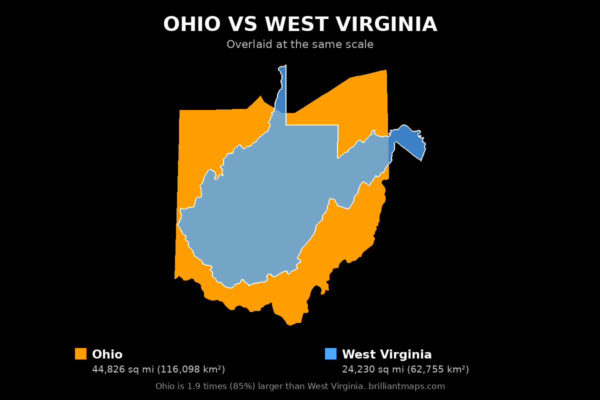 Ohio vs West Virginia Size Comparison Map
