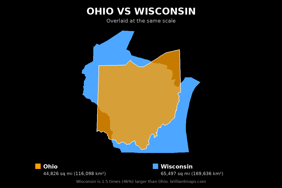 Ohio vs Wisconsin Size Comparison Map