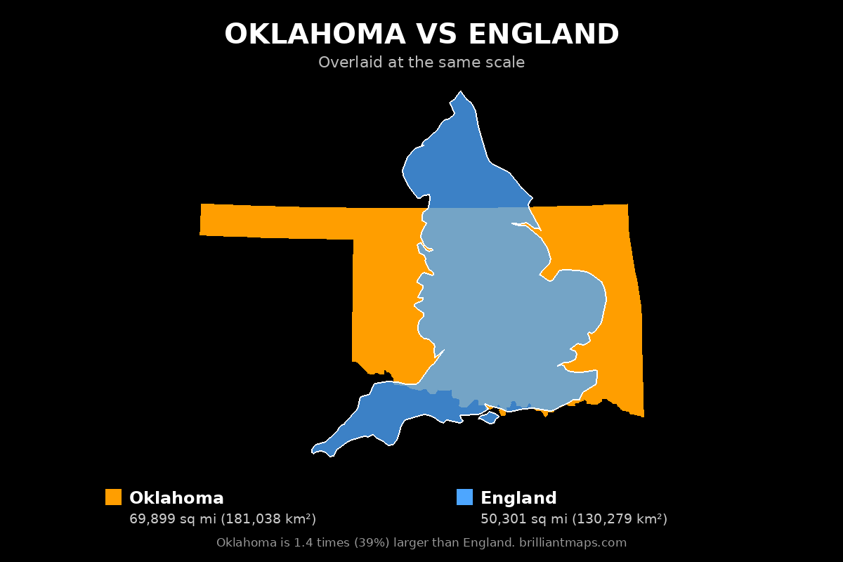 Oklahoma vs England Size Comparison Map