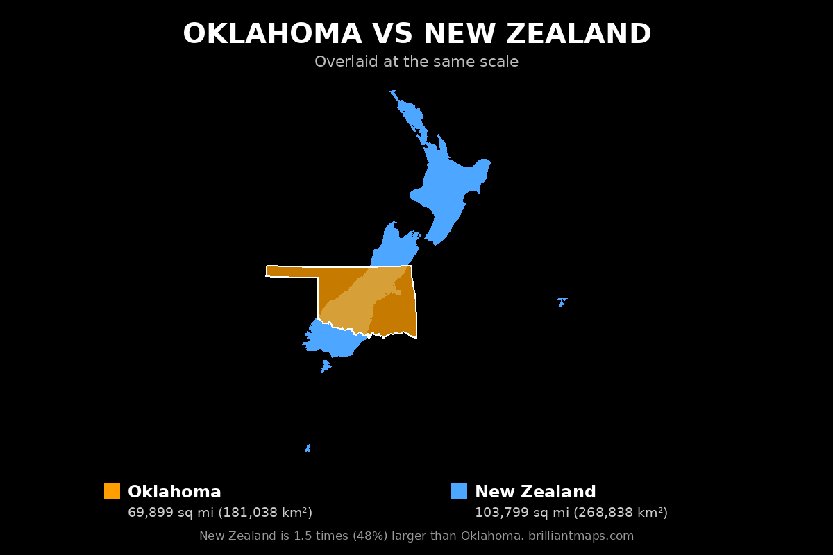 Oklahoma vs New Zealand Size Comparison Map