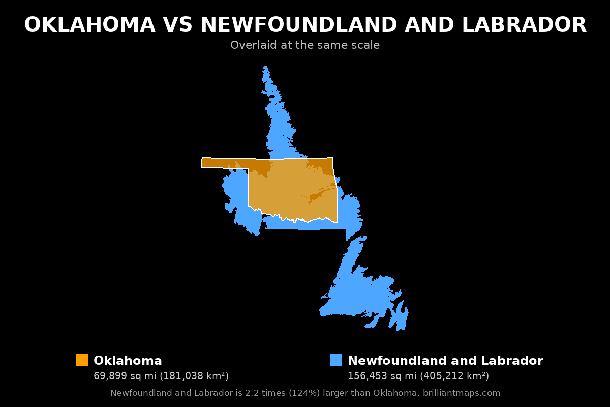 Oklahoma vs Newfoundland and Labrador Size Comparison Map