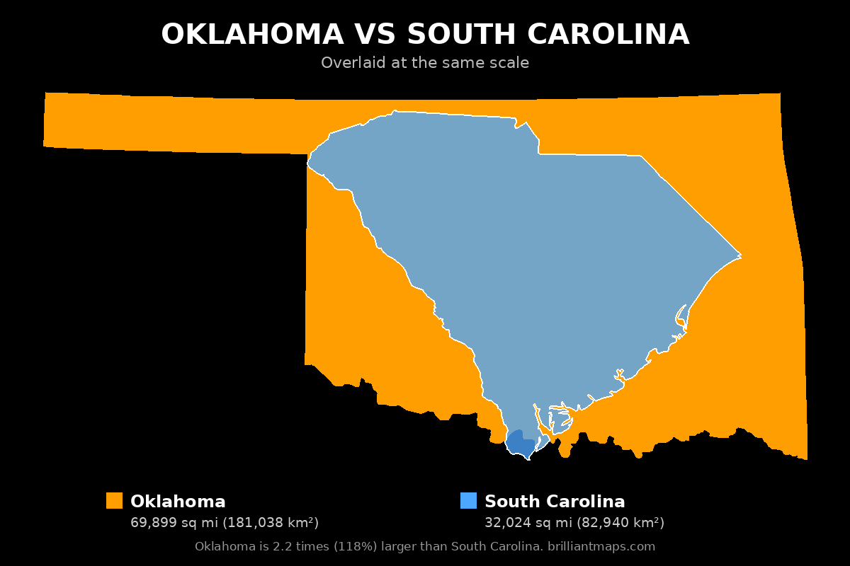 Oklahoma vs South Carolina Size Comparison Map