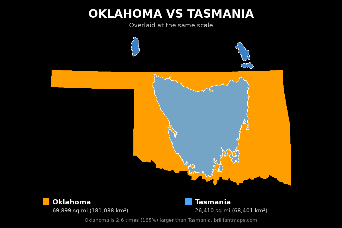 Oklahoma vs Tasmania Size Comparison Map