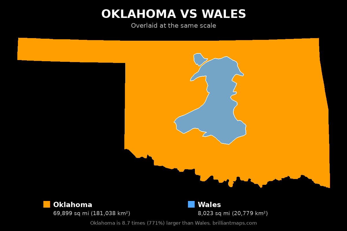 Oklahoma vs Wales Size Comparison Map
