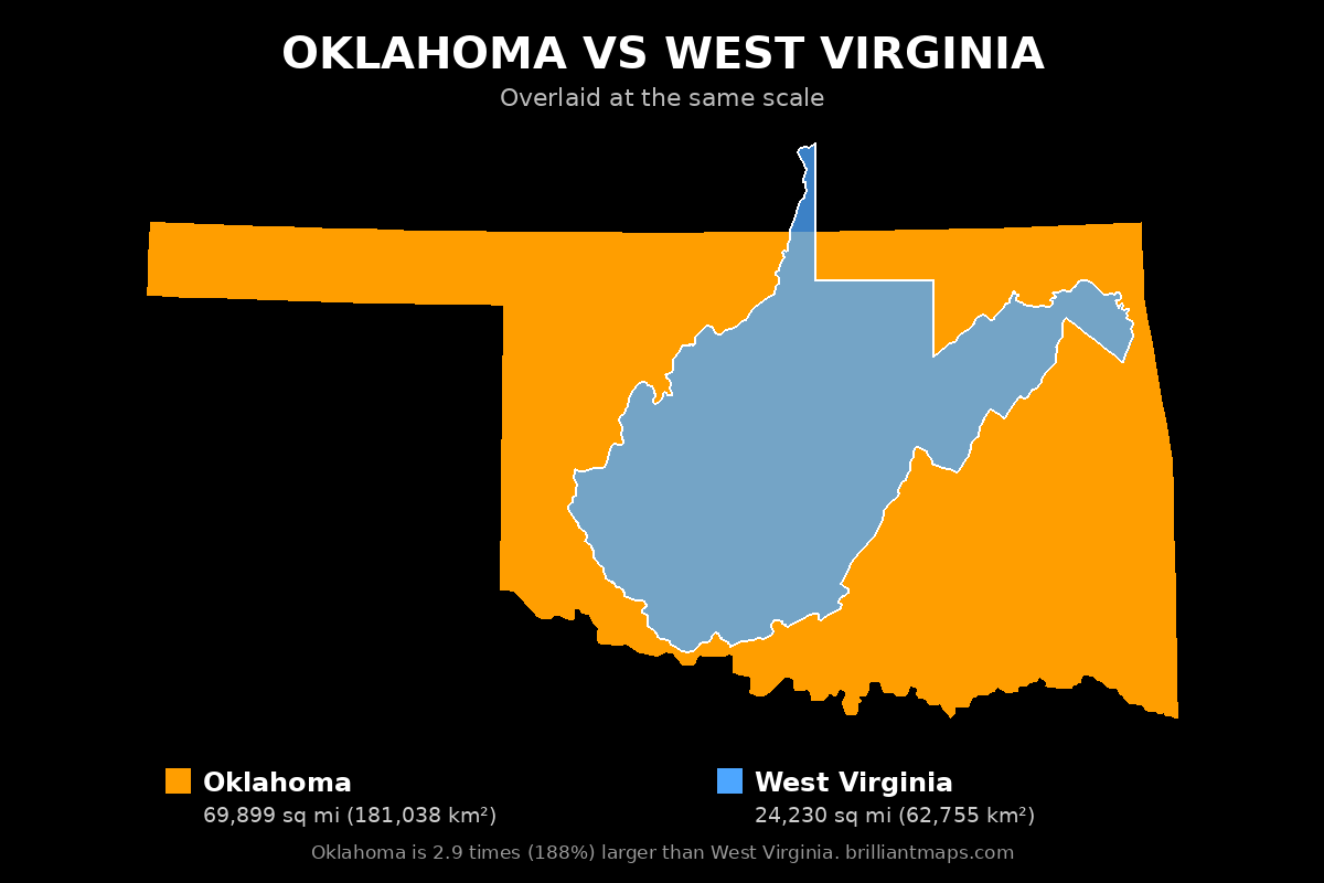 Oklahoma vs West Virginia Size Comparison Map