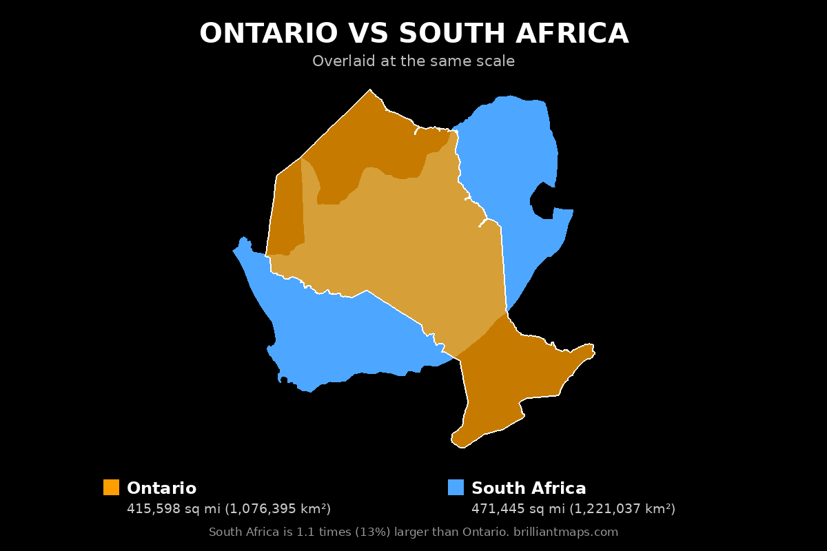 Ontario vs South Africa Size Comparison Map