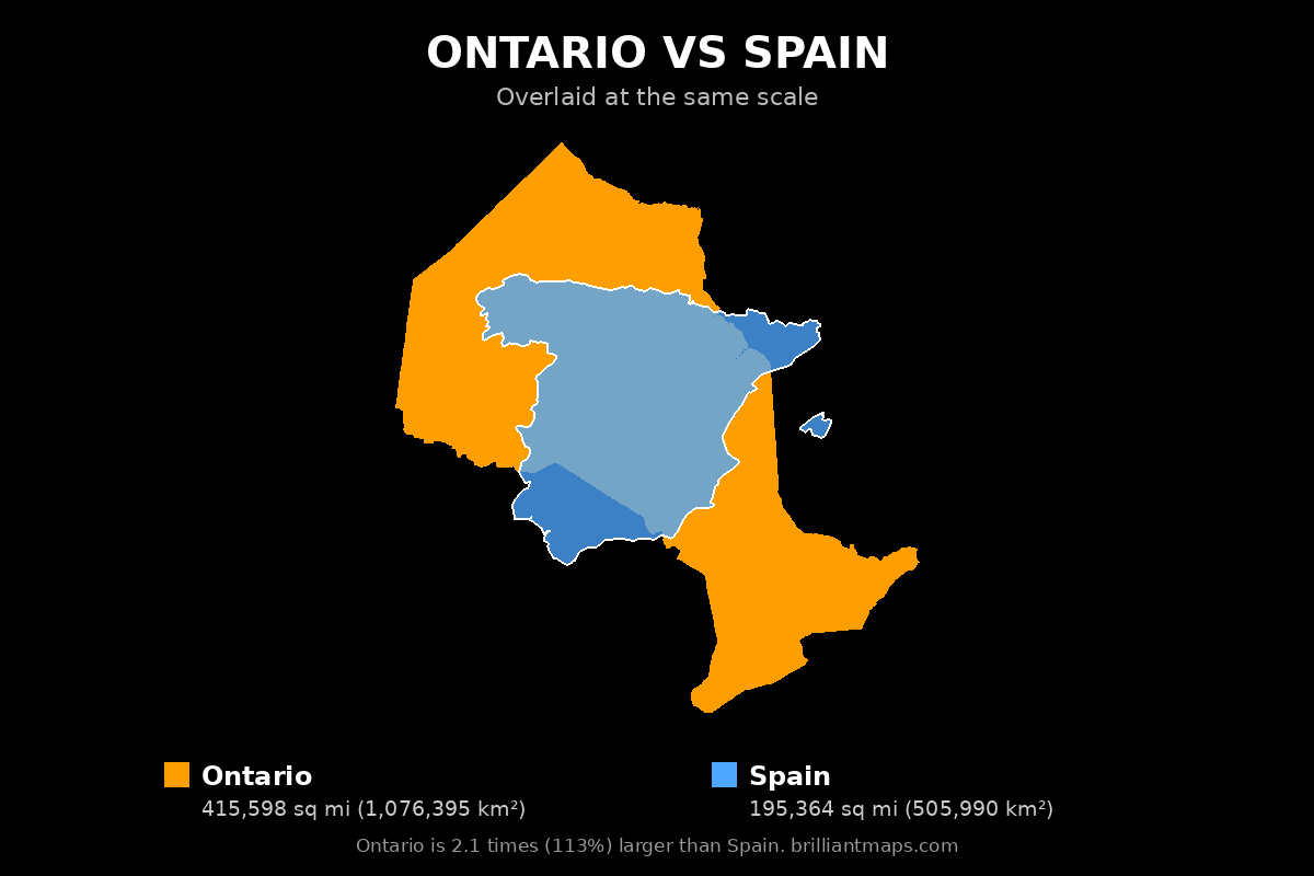 Ontario vs Spain Size Comparison Map