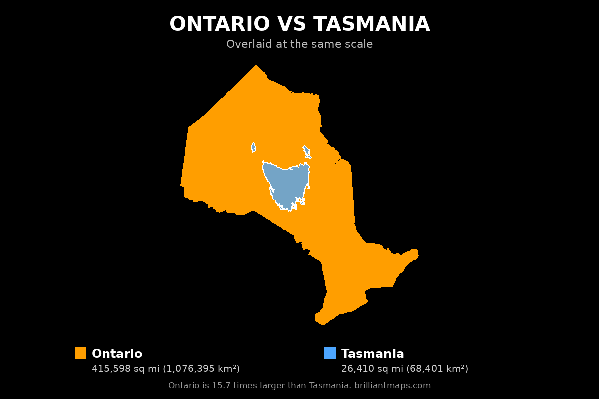 Ontario vs Tasmania Size Comparison Map