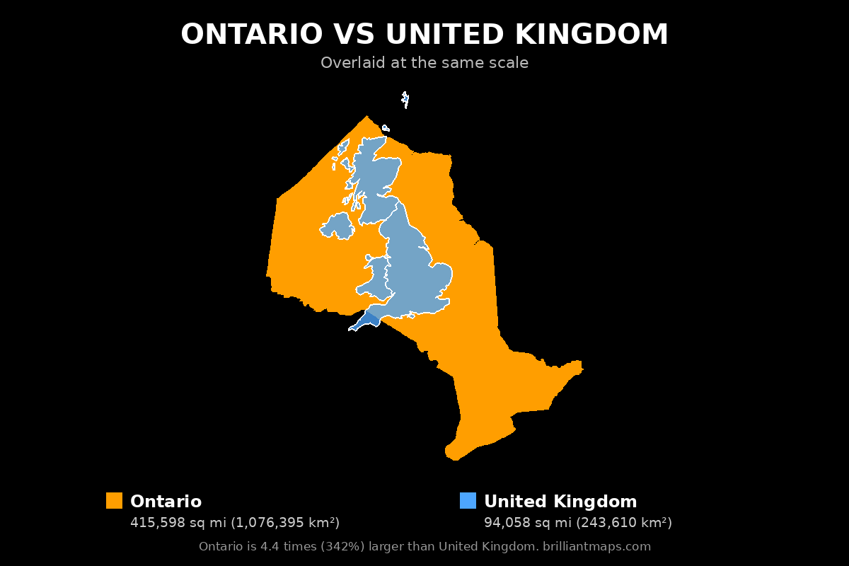 Ontario vs United Kingdom Size Comparison Map