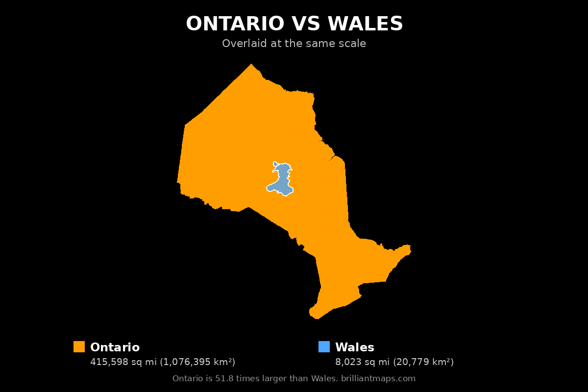 Ontario vs Wales Size Comparison Map