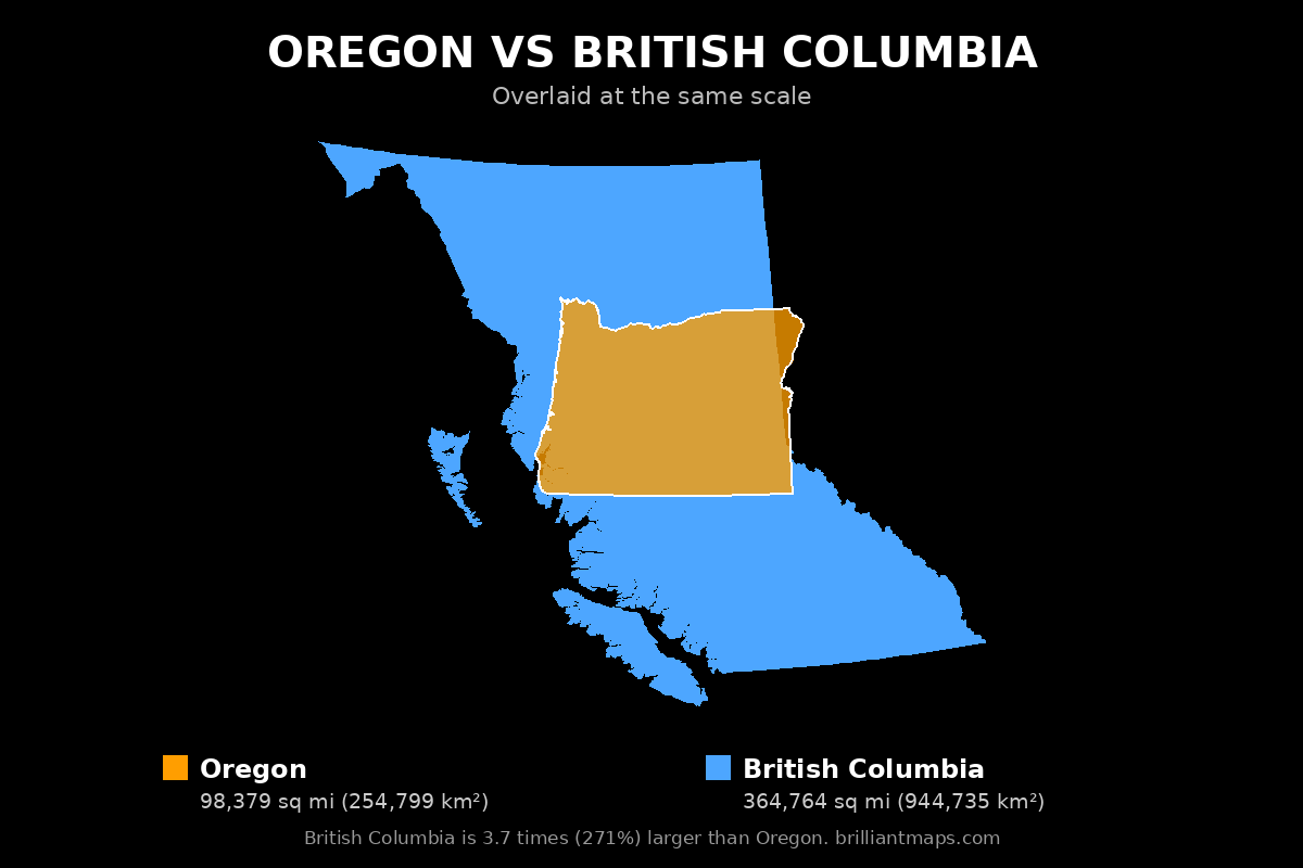 Oregon vs British Columbia Size Comparison Map