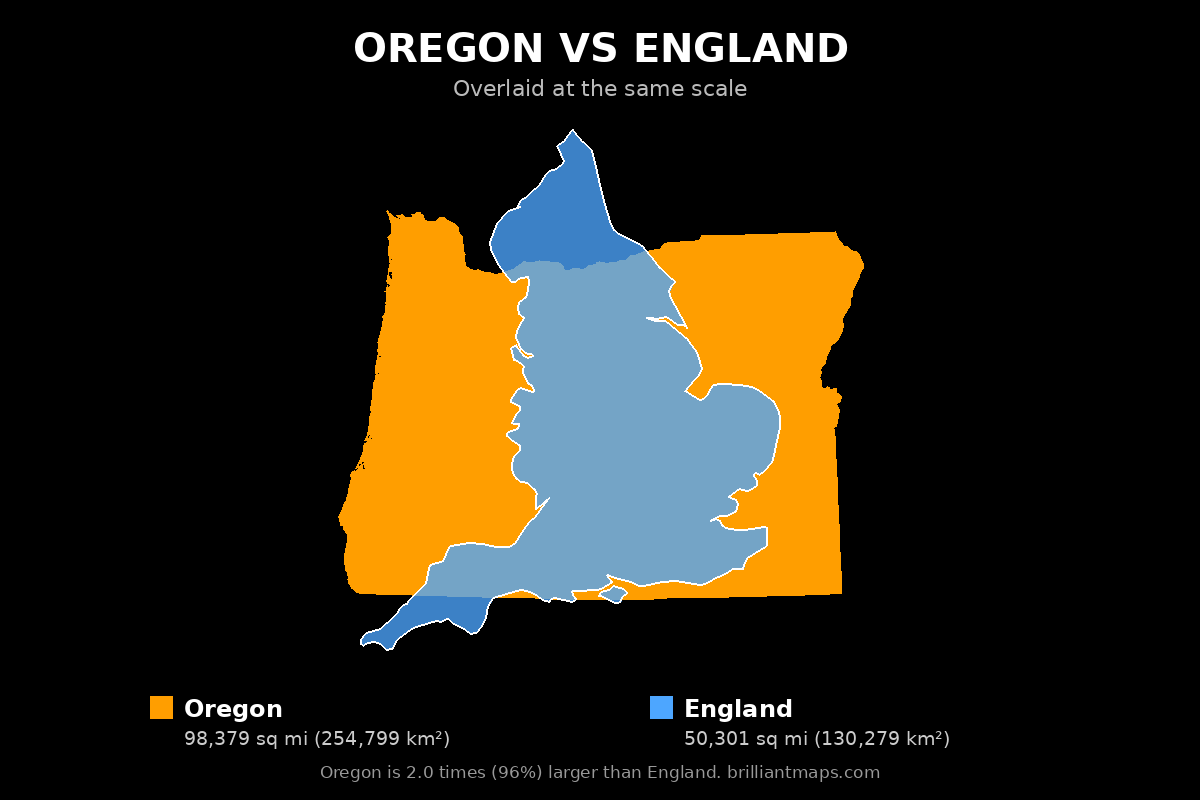 Oregon vs England Size Comparison Map