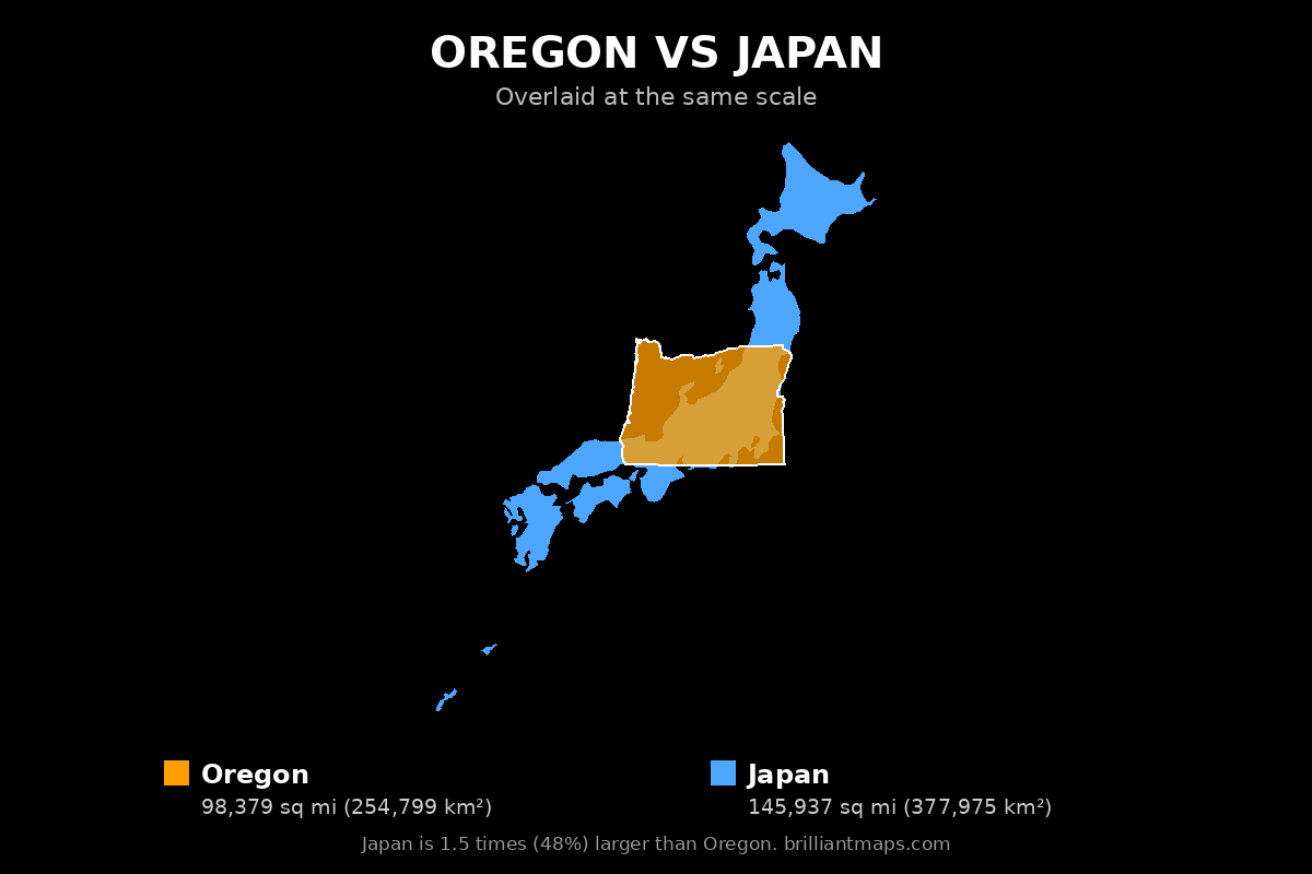 Oregon vs Japan Size Comparison Map