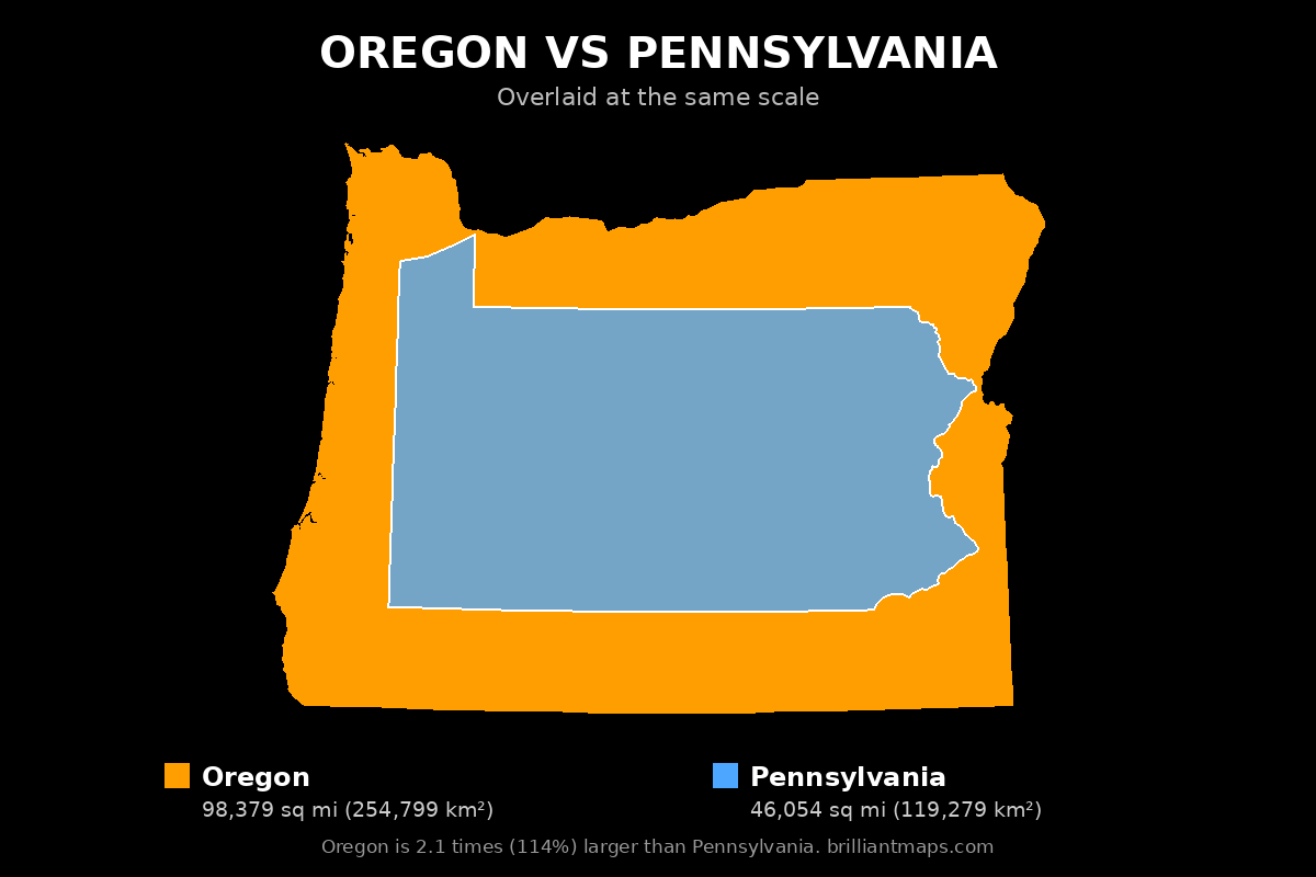 Oregon vs Pennsylvania Size Comparison Map