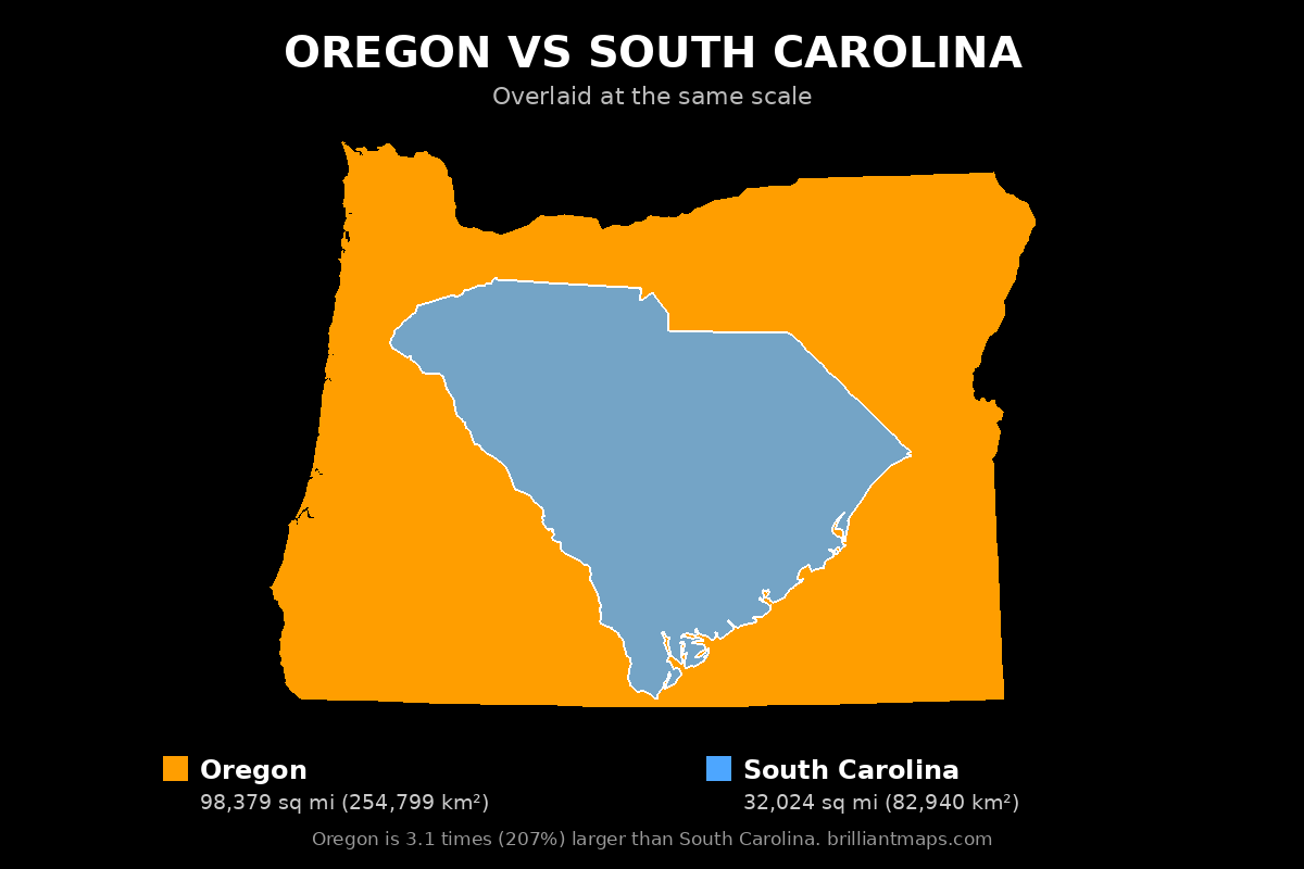 Oregon vs South Carolina Size Comparison Map
