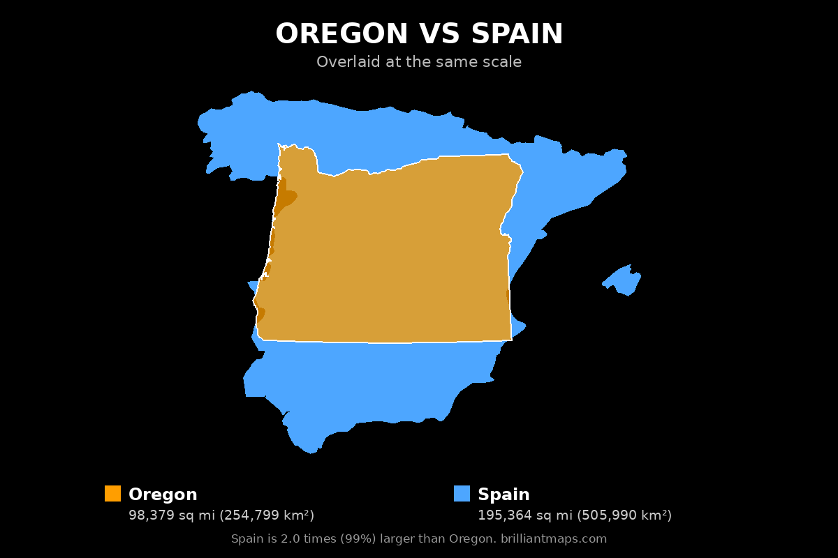 Oregon vs Spain Size Comparison Map