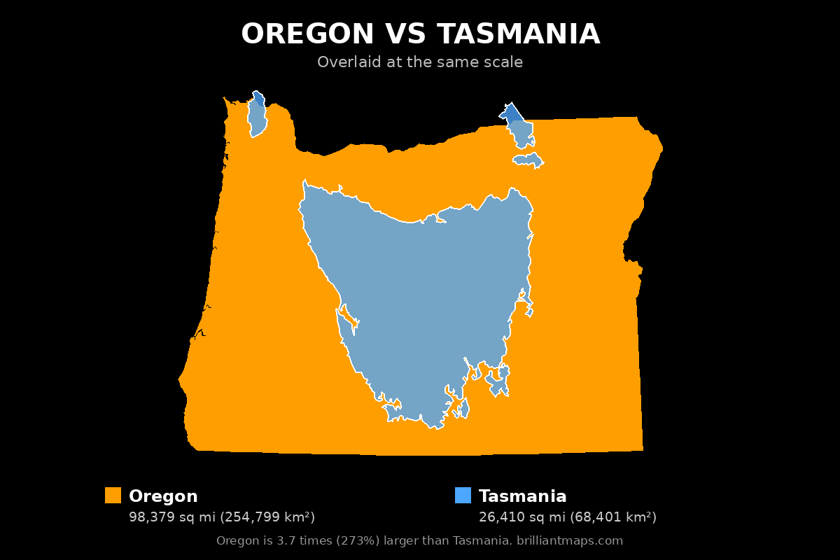 Oregon vs Tasmania Size Comparison Map