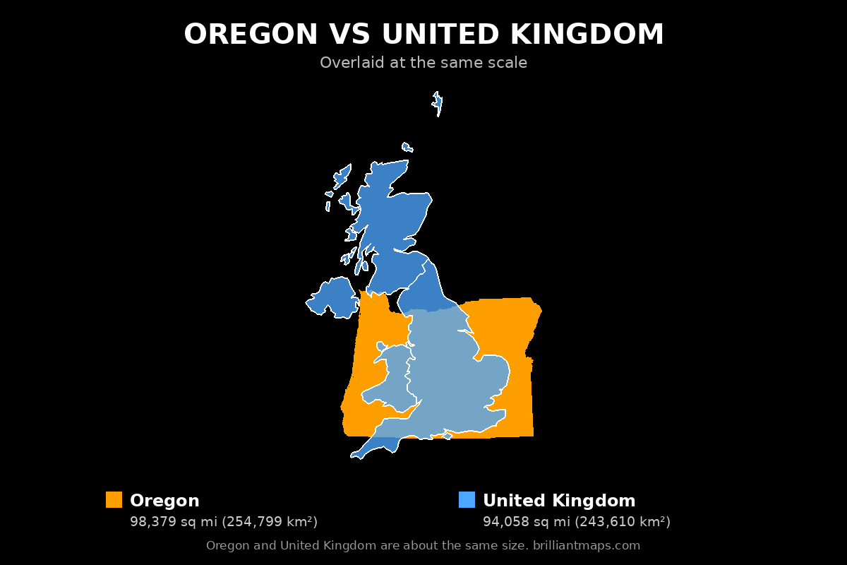 Oregon vs United Kingdom Size Comparison Map