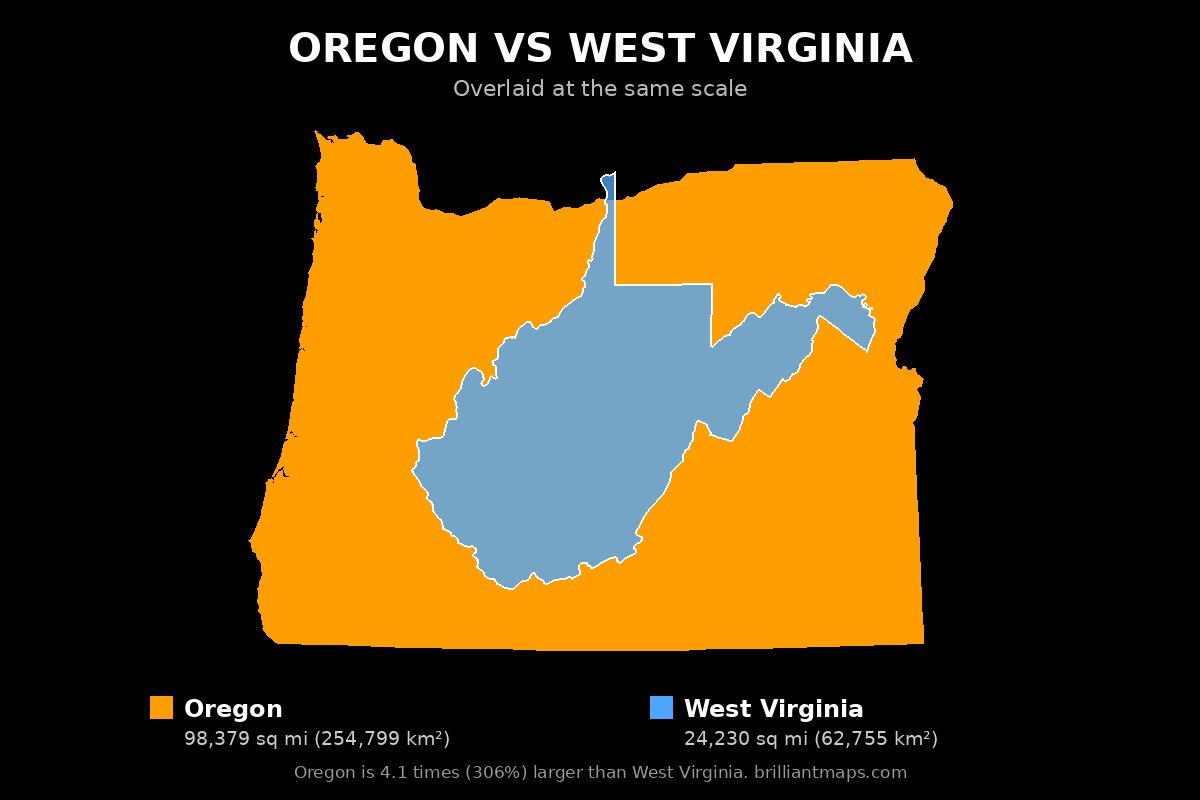 Oregon vs West Virginia Size Comparison Map