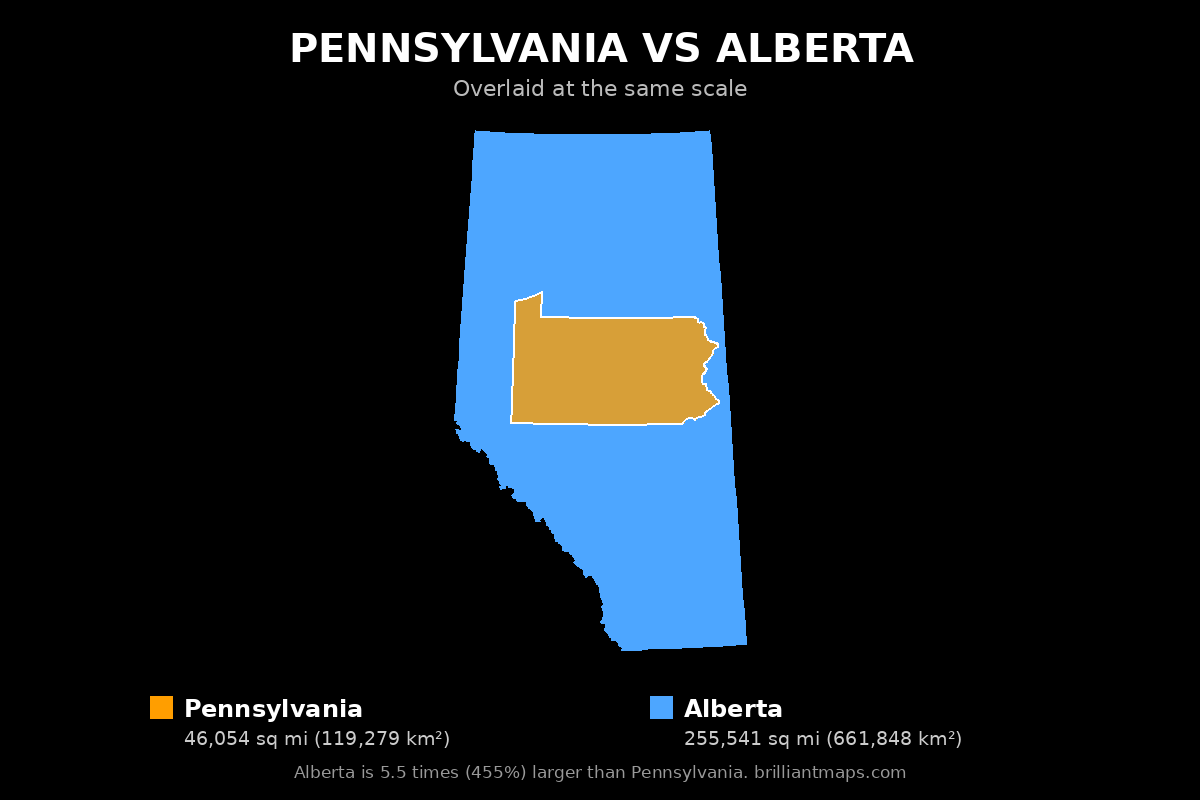 Pennsylvania vs Alberta Size Comparison Map